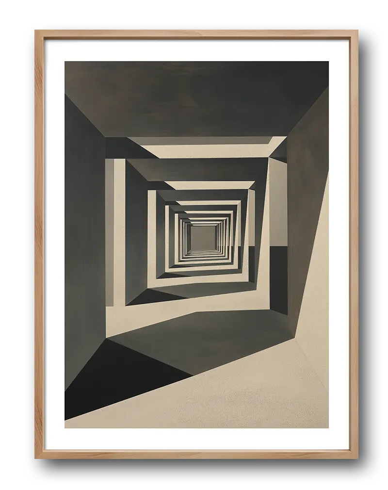 An abstract geometric design of a tunnel-like structure with repeating patterns of shadow and light. This wall art illustration brings a sense of depth and modern sophistication, ideal for a minimalist or contemporary space