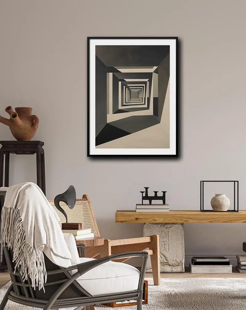 An abstract geometric design of a tunnel-like structure with repeating patterns of shadow and light. This wall art illustration brings a sense of depth and modern sophistication, ideal for a minimalist or contemporary space