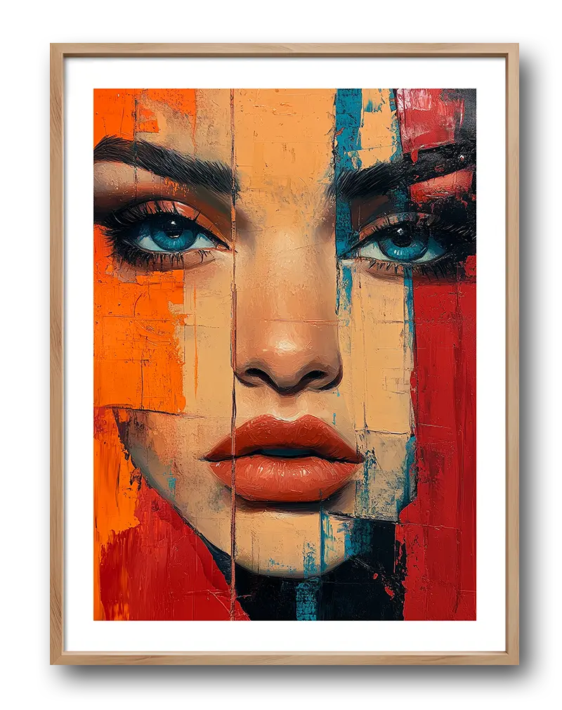 A striking abstract portrait featuring a woman's face with piercing blue eyes and vibrant red and orange brushstrokes.