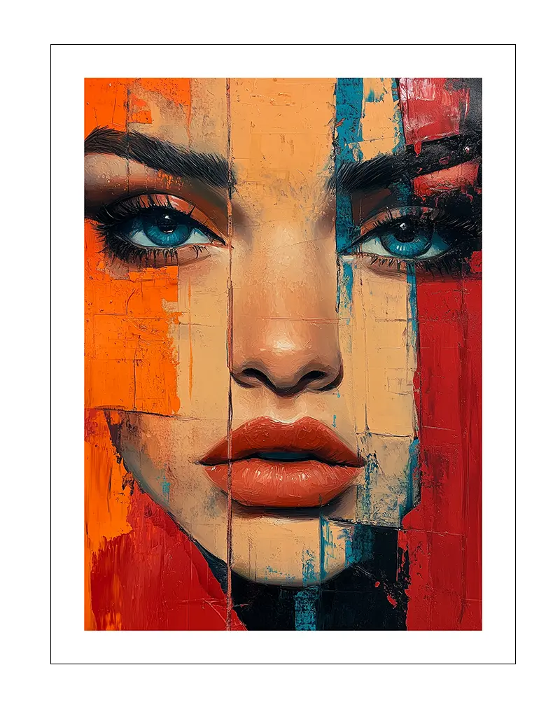 A striking abstract portrait featuring a woman's face with piercing blue eyes and vibrant red and orange brushstrokes.