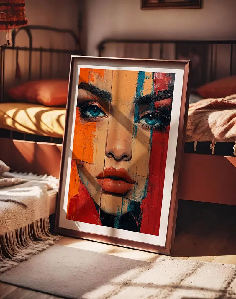 A striking abstract portrait featuring a woman's face with piercing blue eyes and vibrant red and orange brushstrokes.