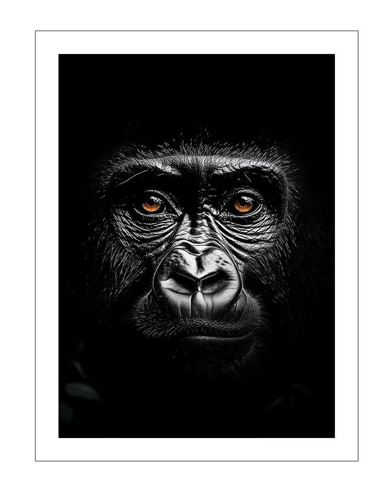 A mesmerizing black and white portrait of a gorilla with piercing orange eyes, emphasizing its powerful expression and intricate fur details.