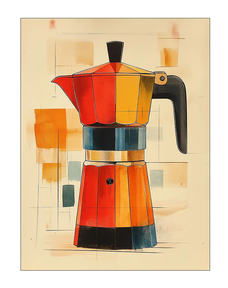 A retro-styled illustration of a colorful coffee maker in red, orange, and blue tones, set against an abstract geometric background.