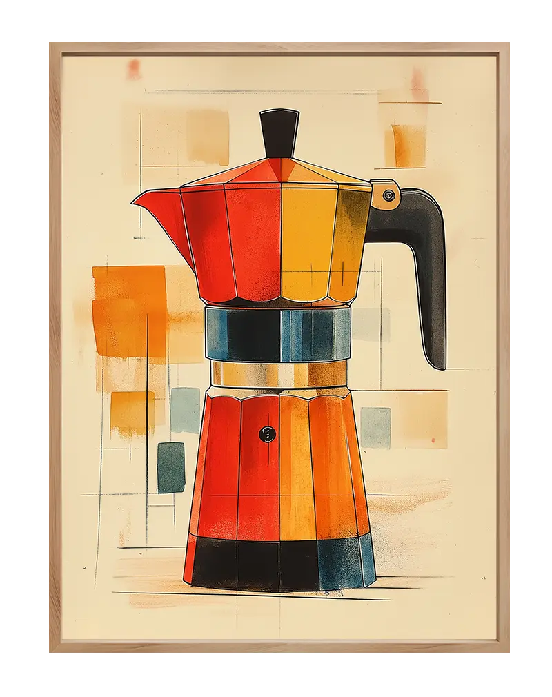 A retro-styled illustration of a colorful coffee maker in red, orange, and blue tones, set against an abstract geometric background.