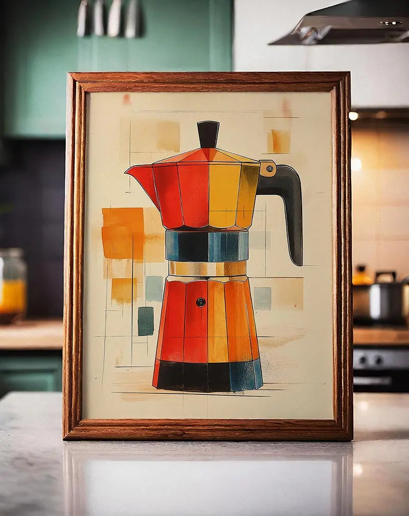 A retro-styled illustration of a colorful coffee maker in red, orange, and blue tones, set against an abstract geometric background.