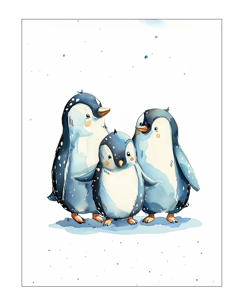 A charming illustration of three adorable penguins standing together, surrounded by snowflakes. This wall art illustration is perfect for creating a cozy and playful atmosphere in a child's room or nursery