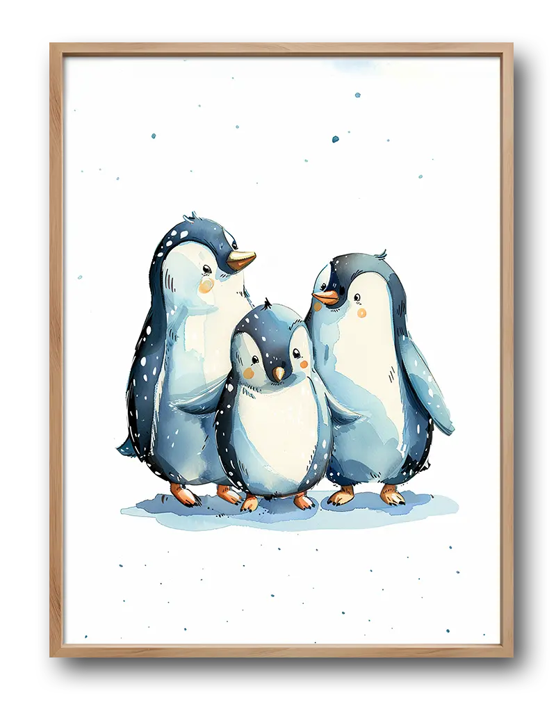 A charming illustration of three adorable penguins standing together, surrounded by snowflakes. This wall art illustration is perfect for creating a cozy and playful atmosphere in a child's room or nursery