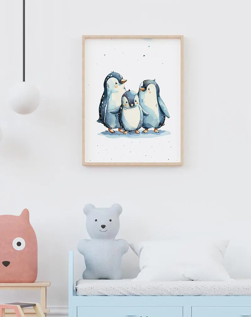 A charming illustration of three adorable penguins standing together, surrounded by snowflakes. This wall art illustration is perfect for creating a cozy and playful atmosphere in a child's room or nursery