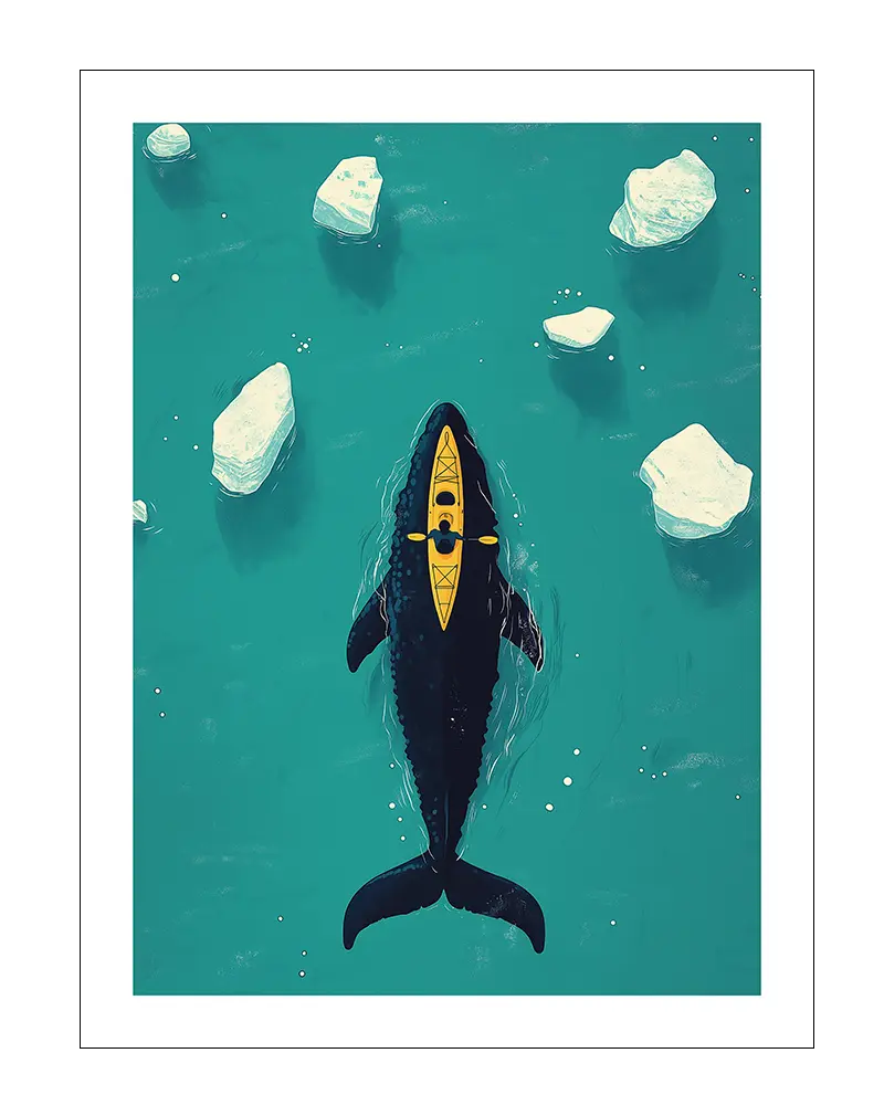 A surreal illustration of a person kayaking on the back of a whale, surrounded by floating icebergs in a turquoise sea. Perfect wall art or poster for adventurers and dreamers, offering a sense of calm and exploration