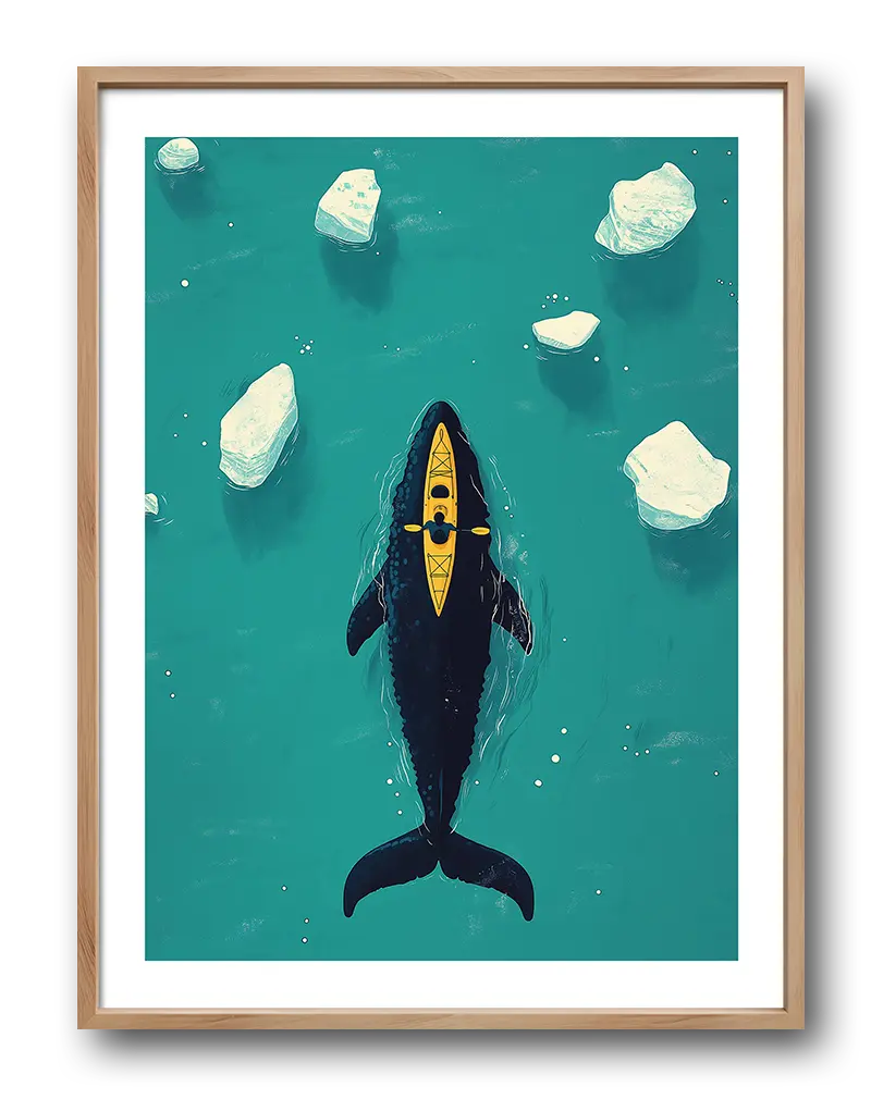 A surreal illustration of a person kayaking on the back of a whale, surrounded by floating icebergs in a turquoise sea. Perfect wall art or poster for adventurers and dreamers, offering a sense of calm and exploration