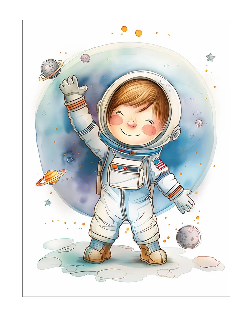 A delightful illustration of a smiling child dressed as an astronaut, waving amidst planets and stars. This playful wall art is perfect for inspiring dreams of space exploration in a kid's room or nursery, adding a fun and adventurous vibe