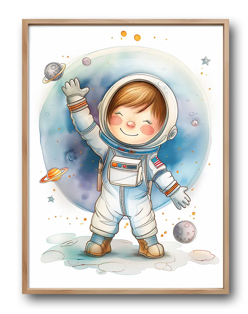 A delightful illustration of a smiling child dressed as an astronaut, waving amidst planets and stars. This playful wall art is perfect for inspiring dreams of space exploration in a kid's room or nursery, adding a fun and adventurous vibe