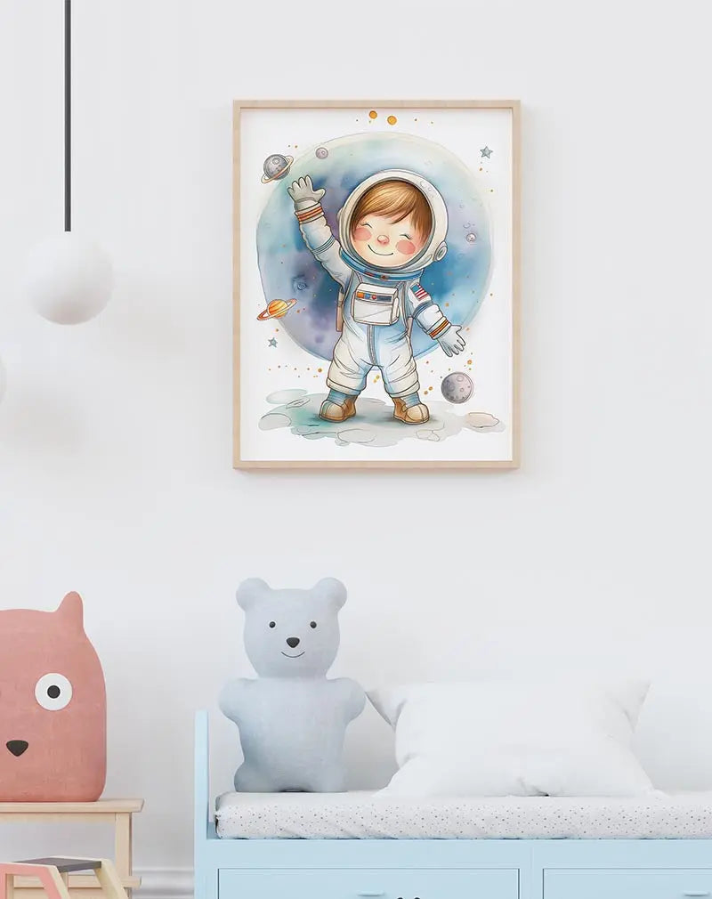 A delightful illustration of a smiling child dressed as an astronaut, waving amidst planets and stars. This playful wall art is perfect for inspiring dreams of space exploration in a kid's room or nursery, adding a fun and adventurous vibe