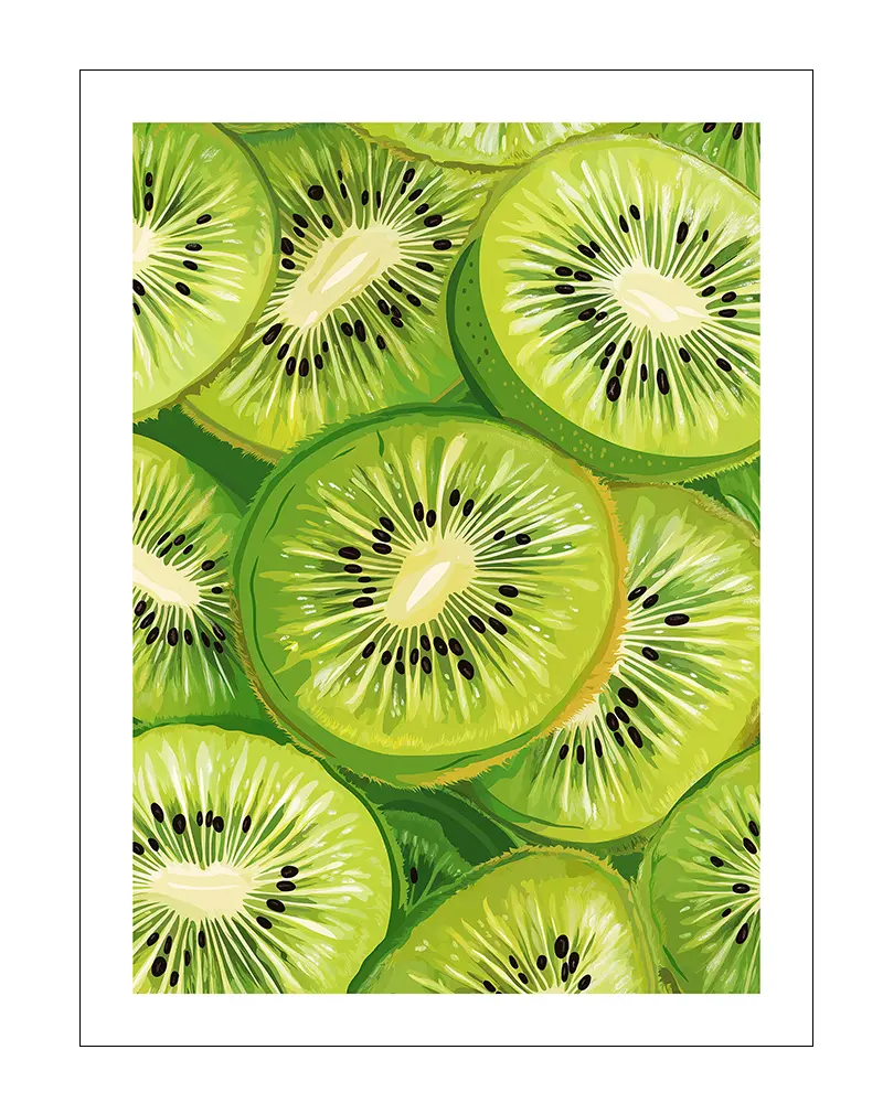 A vibrant illustration of fresh green kiwi slices, showcasing their bright color and texture. This eye-catching wall art brings a fresh and energizing vibe, perfect for brightening up a kitchen or dining room space