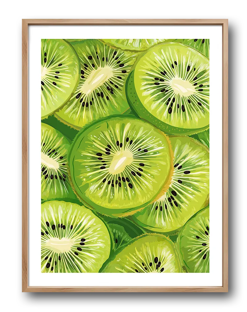 A vibrant illustration of fresh green kiwi slices, showcasing their bright color and texture. This eye-catching wall art brings a fresh and energizing vibe, perfect for brightening up a kitchen or dining room space