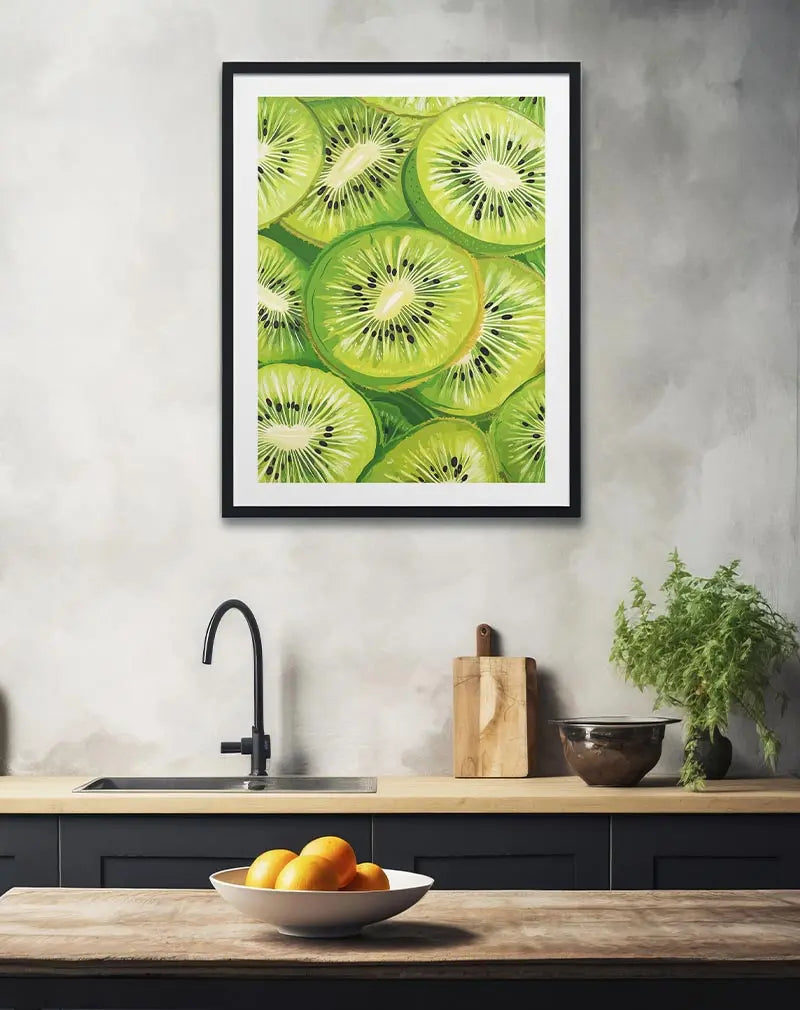 A vibrant illustration of fresh green kiwi slices, showcasing their bright color and texture. This eye-catching wall art brings a fresh and energizing vibe, perfect for brightening up a kitchen or dining room space