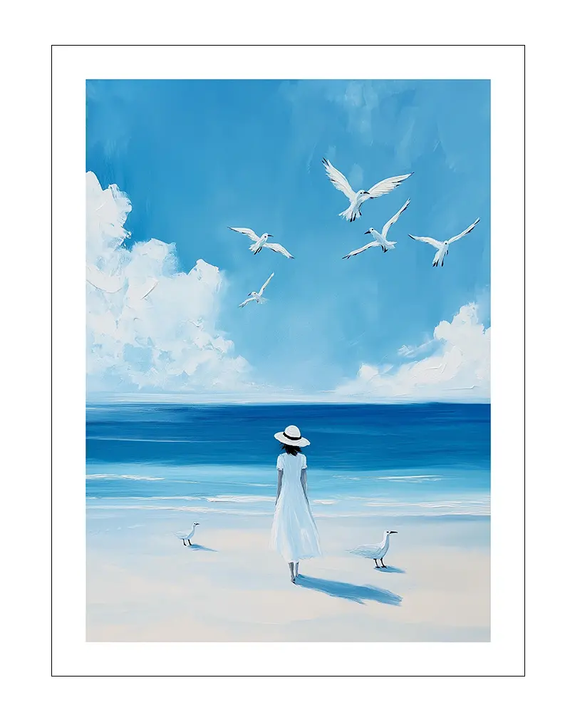 A serene wall art illustration of a woman on the beach with seagulls, evoking a calm and peaceful coastal vibe.