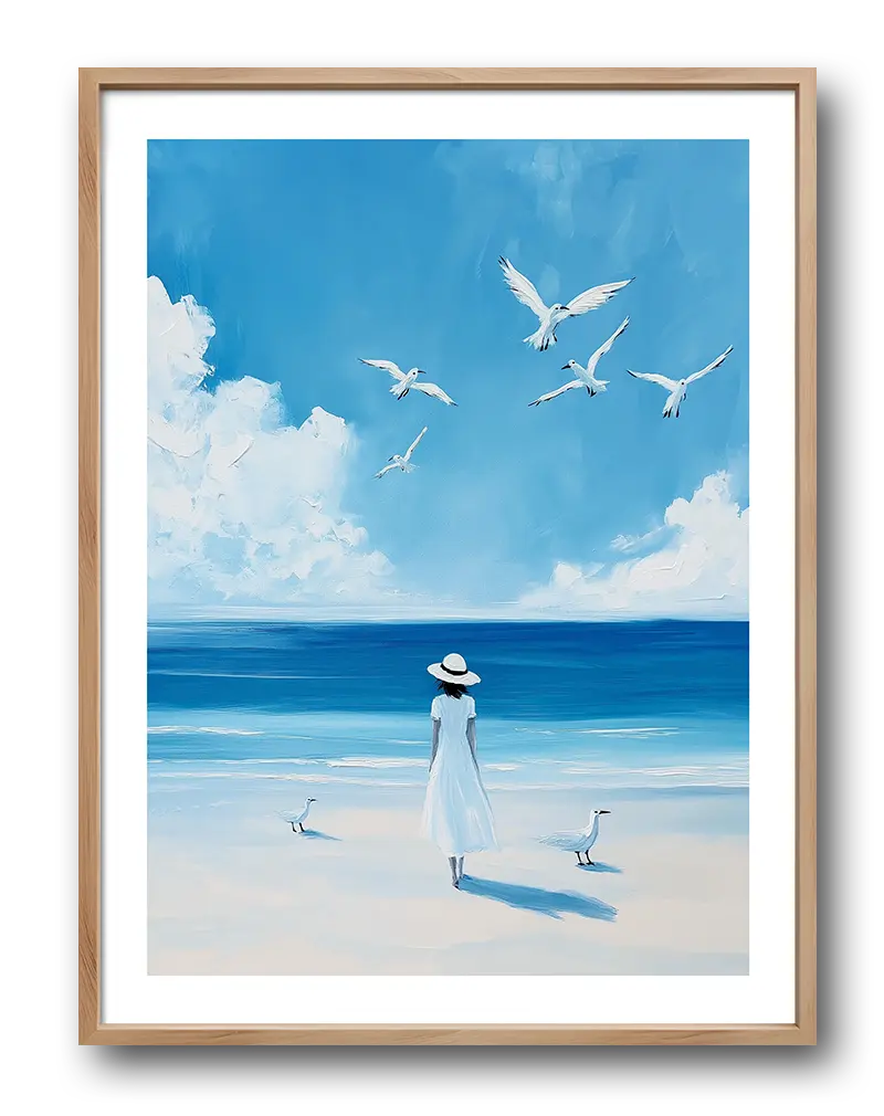 A serene wall art illustration of a woman on the beach with seagulls, evoking a calm and peaceful coastal vibe.