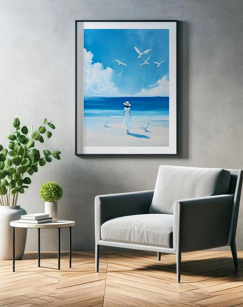 A serene wall art illustration of a woman on the beach with seagulls, evoking a calm and peaceful coastal vibe.