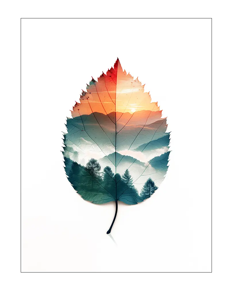 A stunning illustration of a leaf with a sunset landscape inside, featuring mountains and trees. This unique wall art merges nature and scenery in an imaginative way, perfect for adding a serene and artistic touch to any room