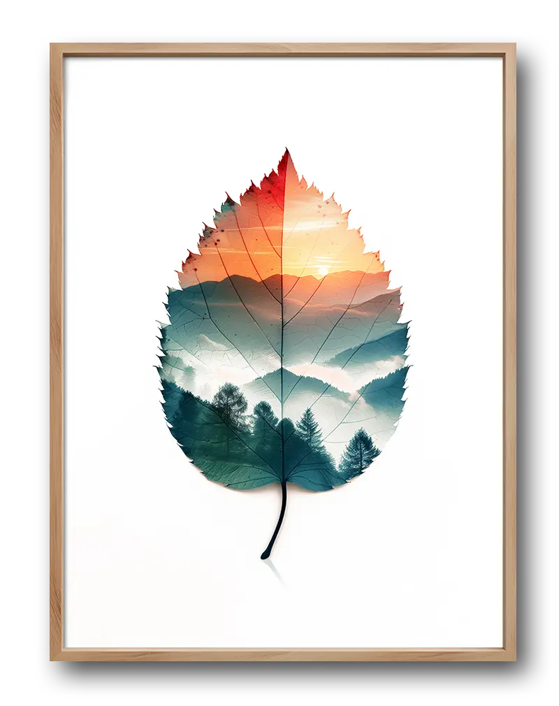 A stunning illustration of a leaf with a sunset landscape inside, featuring mountains and trees. This unique wall art merges nature and scenery in an imaginative way, perfect for adding a serene and artistic touch to any room