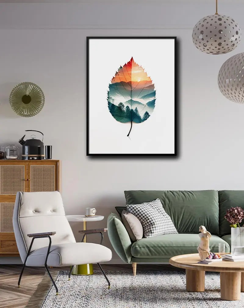 A stunning illustration of a leaf with a sunset landscape inside, featuring mountains and trees. This unique wall art merges nature and scenery in an imaginative way, perfect for adding a serene and artistic touch to any room