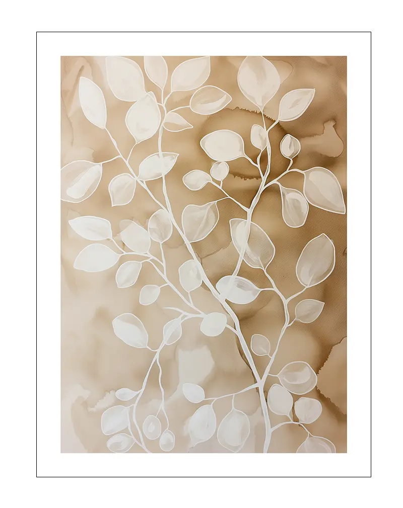 A minimalist illustration of white leaves on a beige background. This elegant botanical wall art brings a sense of calm and simplicity, perfect for creating a peaceful ambiance in any living space