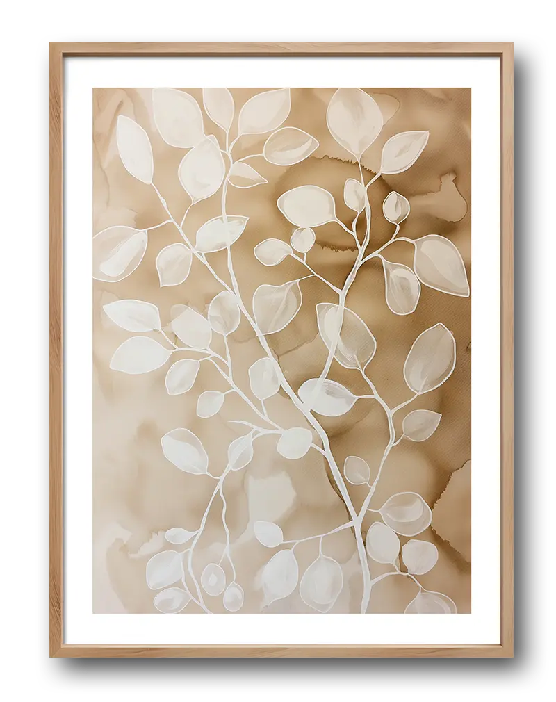 A minimalist illustration of white leaves on a beige background. This elegant botanical wall art brings a sense of calm and simplicity, perfect for creating a peaceful ambiance in any living space