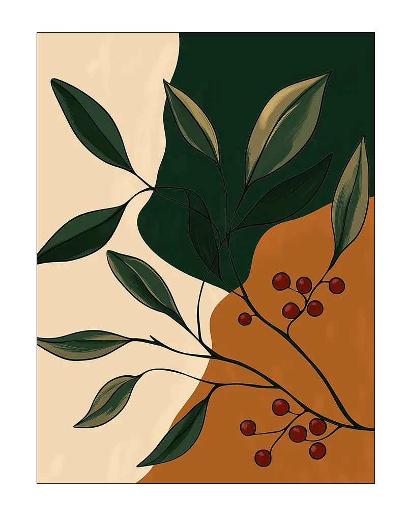 A minimalist botanical illustration featuring green leaves and red berries on an abstract beige, green, and orange background.