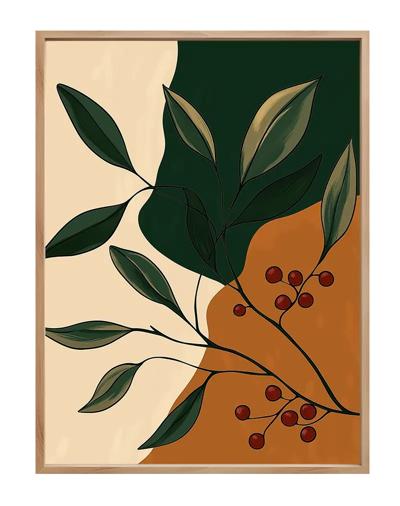 A minimalist botanical illustration featuring green leaves and red berries on an abstract beige, green, and orange background.