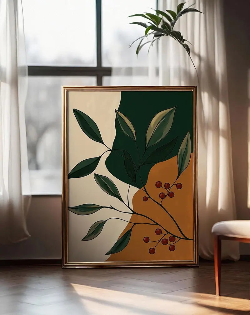 A minimalist botanical illustration featuring green leaves and red berries on an abstract beige, green, and orange background.