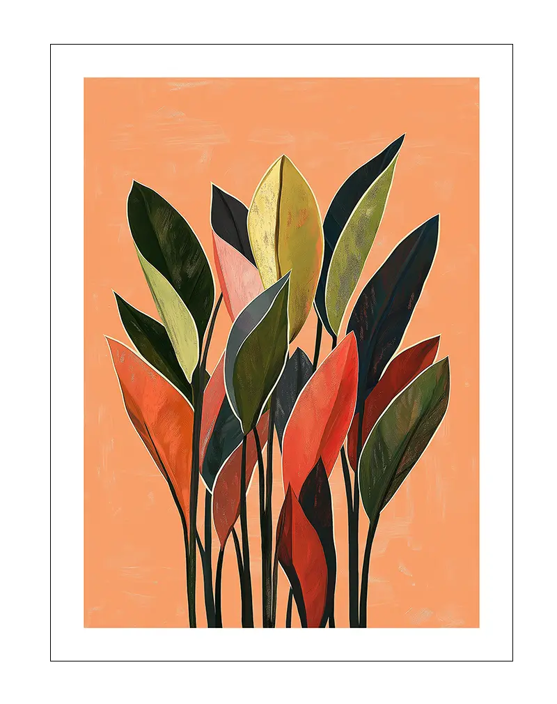 An illustration of colorful leaves with a warm orange background, featuring rich tones of green, red, and gold.