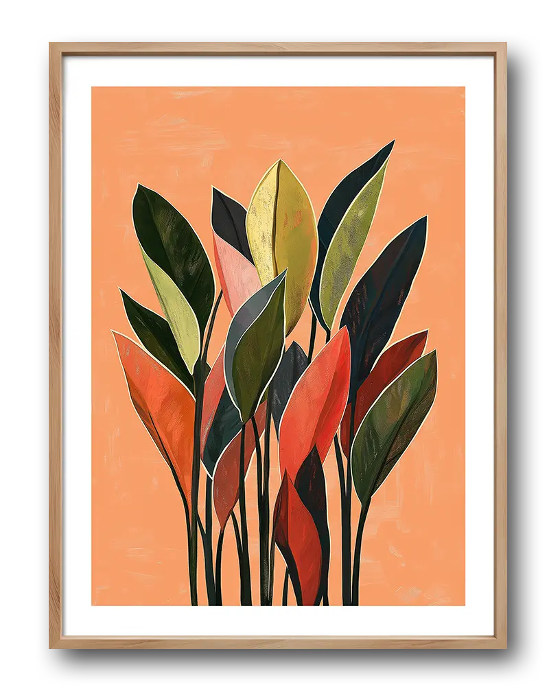 An illustration of colorful leaves with a warm orange background, featuring rich tones of green, red, and gold.