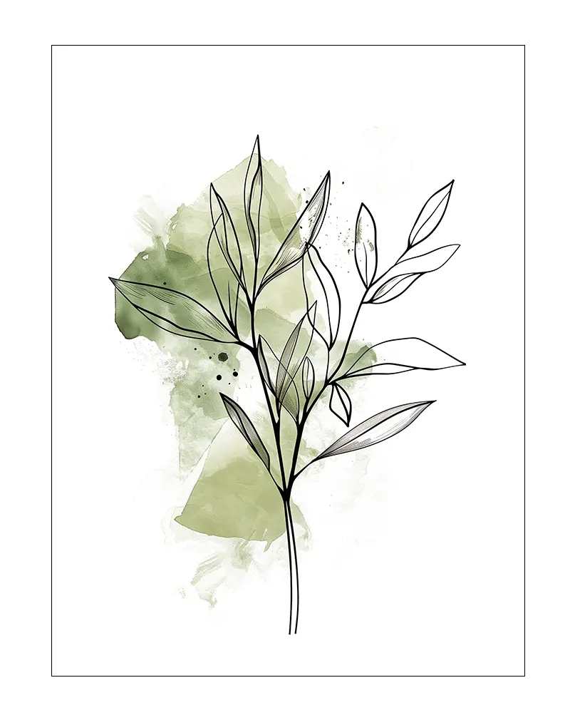 A minimalist line drawing of a leaf over a soft green watercolor background. This delicate wall art blends simplicity and nature, ideal for enhancing modern and serene interiors