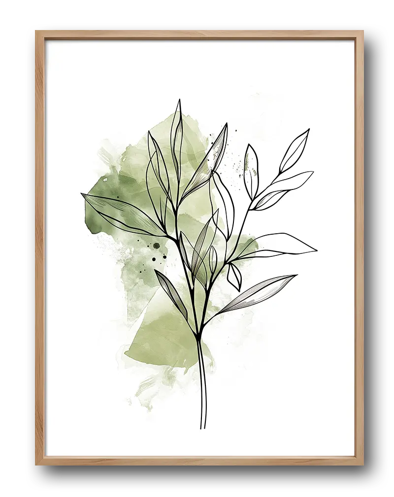 A minimalist line drawing of a leaf over a soft green watercolor background. This delicate wall art blends simplicity and nature, ideal for enhancing modern and serene interiors