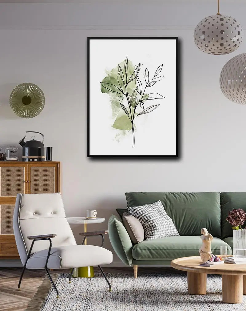 A minimalist line drawing of a leaf over a soft green watercolor background. This delicate wall art blends simplicity and nature, ideal for enhancing modern and serene interiors