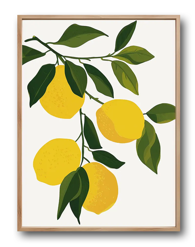 A vibrant illustration of a lemon branch with yellow lemons and lush green leaves. This botanical wall art brings a fresh and lively touch, perfect for brightening up any kitchen or living space