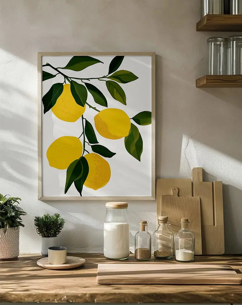 A vibrant illustration of a lemon branch with yellow lemons and lush green leaves. This botanical wall art brings a fresh and lively touch, perfect for brightening up any kitchen or living space