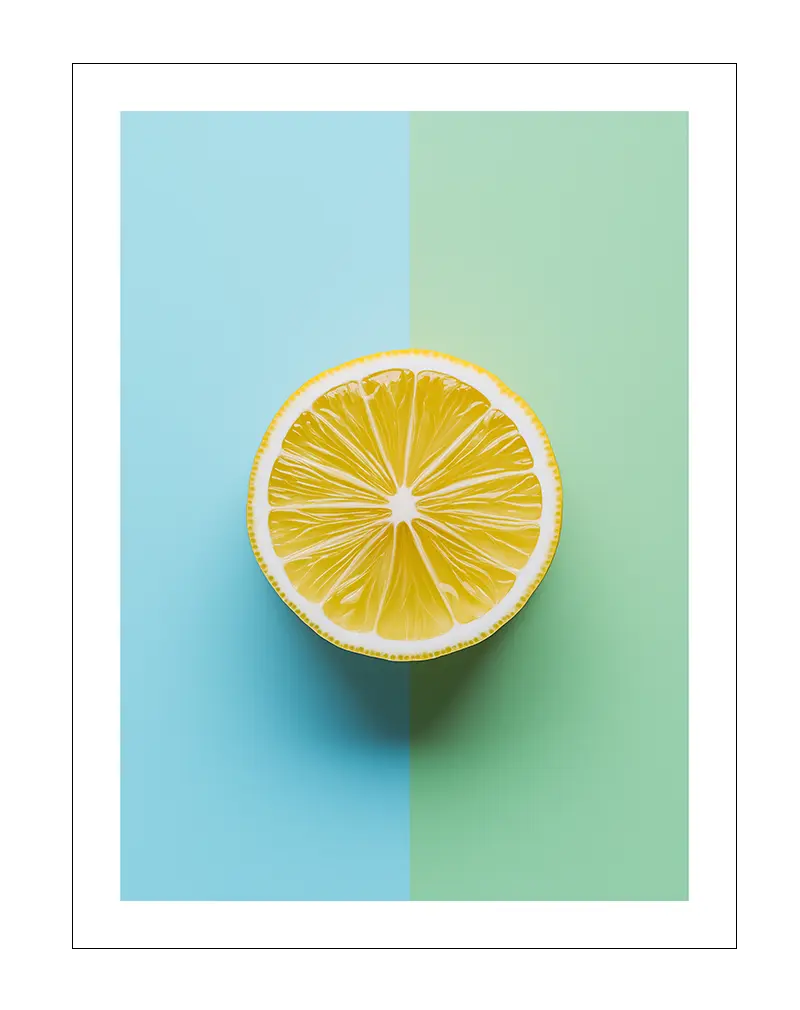 A minimalist yellow lemon slice illustration with a split blue and green background. Perfect wall art for a modern and fresh kitchen