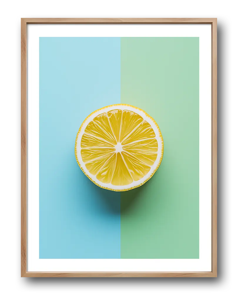 A minimalist yellow lemon slice illustration with a split blue and green background. Perfect wall art for a modern and fresh kitchen