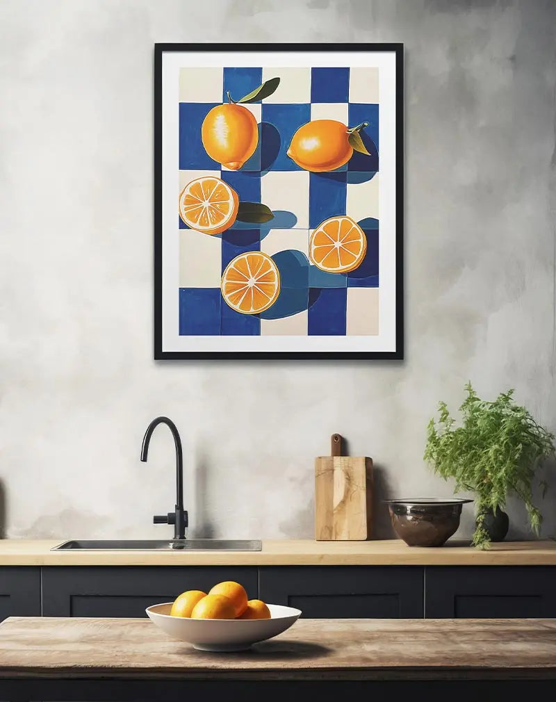 A vibrant illustration of yellow oranges placed on a blue and white checkered background. Perfect wall art for adding a bright and fresh touch to your kitchen decor