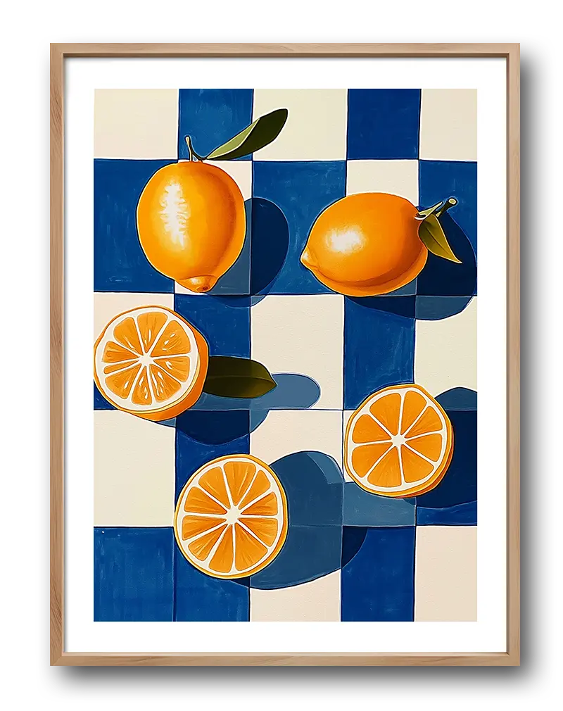 A vibrant illustration of yellow oranges placed on a blue and white checkered background. Perfect wall art for adding a bright and fresh touch to your kitchen decor