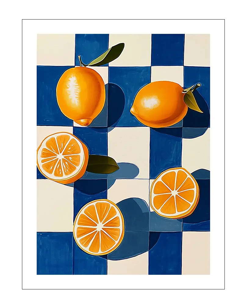 A vibrant illustration of yellow oranges placed on a blue and white checkered background. Perfect wall art for adding a bright and fresh touch to your kitchen decor