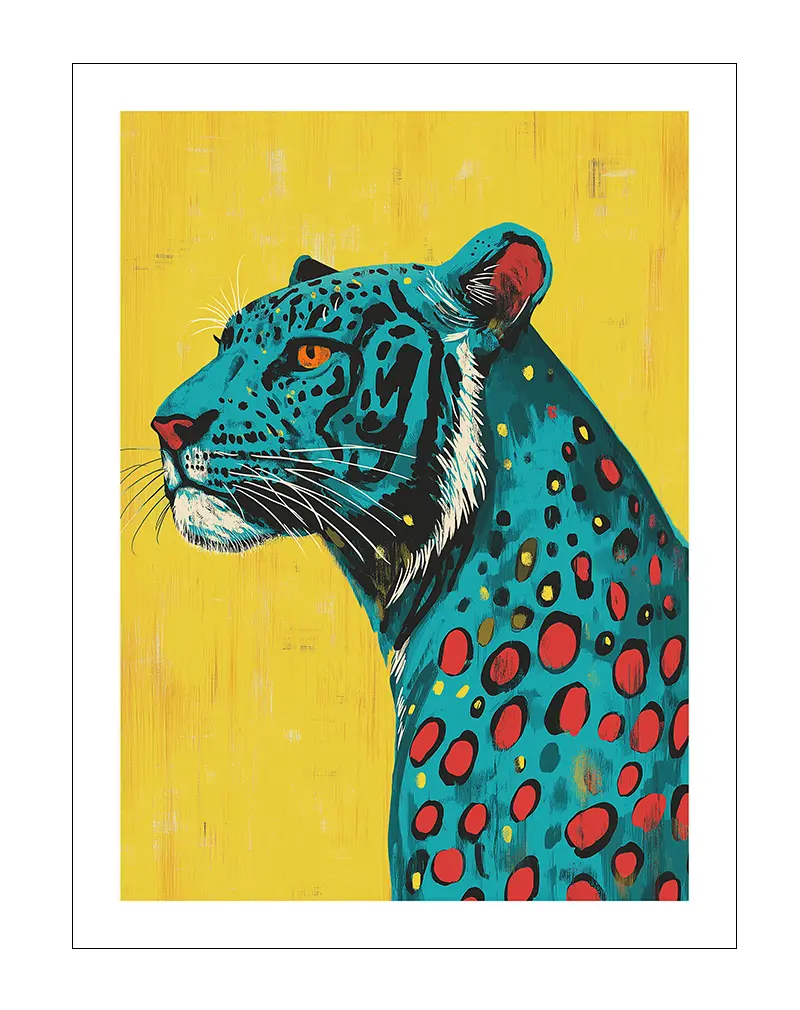 A vibrant pop art illustration of a blue leopard with orange and red spots, set against a bright yellow background. Perfect wall art for those who love bold, colorful, and unique animal-inspired illustrations