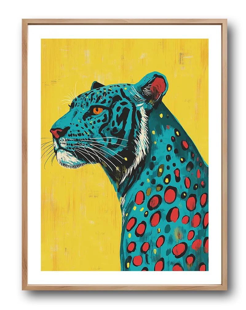 A vibrant pop art illustration of a blue leopard with orange and red spots, set against a bright yellow background. Perfect wall art for those who love bold, colorful, and unique animal-inspired illustrations