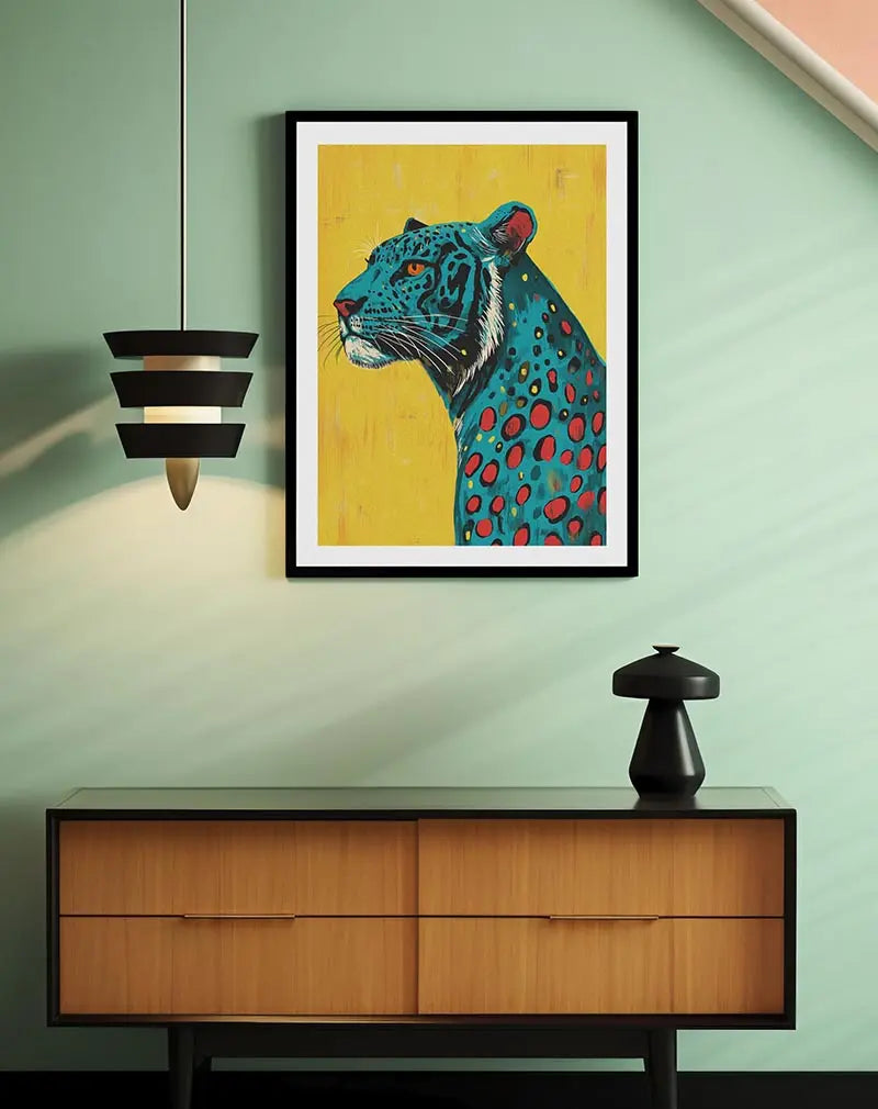 A vibrant pop art illustration of a blue leopard with orange and red spots, set against a bright yellow background. Perfect wall art for those who love bold, colorful, and unique animal-inspired illustrations