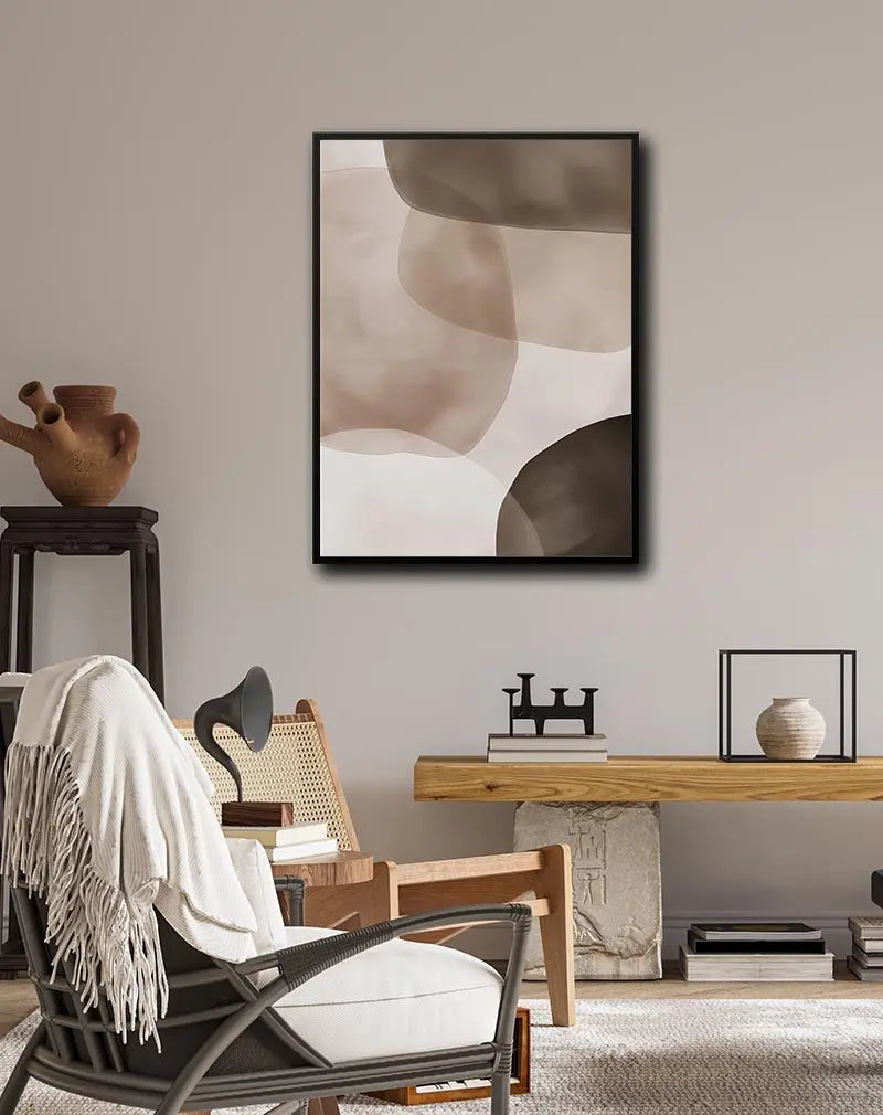 A minimalist abstract illustration in neutral brown tones with soft overlapping shapes. Perfect wall art for creating a calming and serene atmosphere in any room