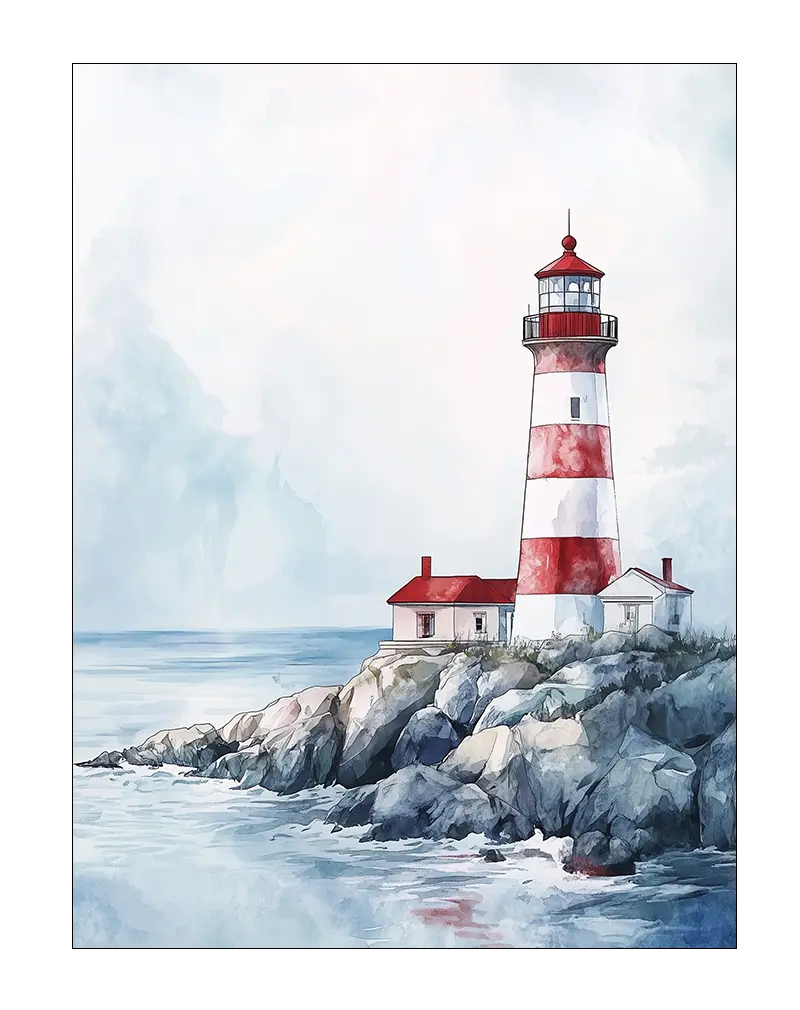 A serene illustration of a lighthouse by the ocean, with red and white stripes, perched on rocky shores. Perfect wall art for adding a nautical and peaceful vibe to any space