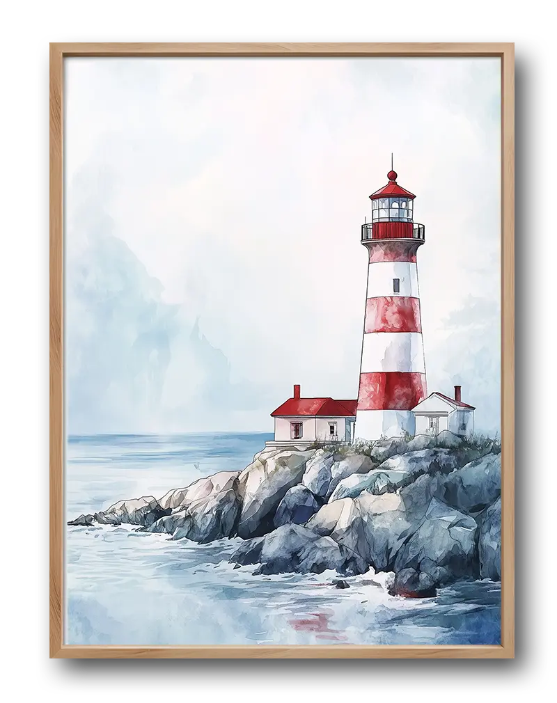 A serene illustration of a lighthouse by the ocean, with red and white stripes, perched on rocky shores. Perfect wall art for adding a nautical and peaceful vibe to any space