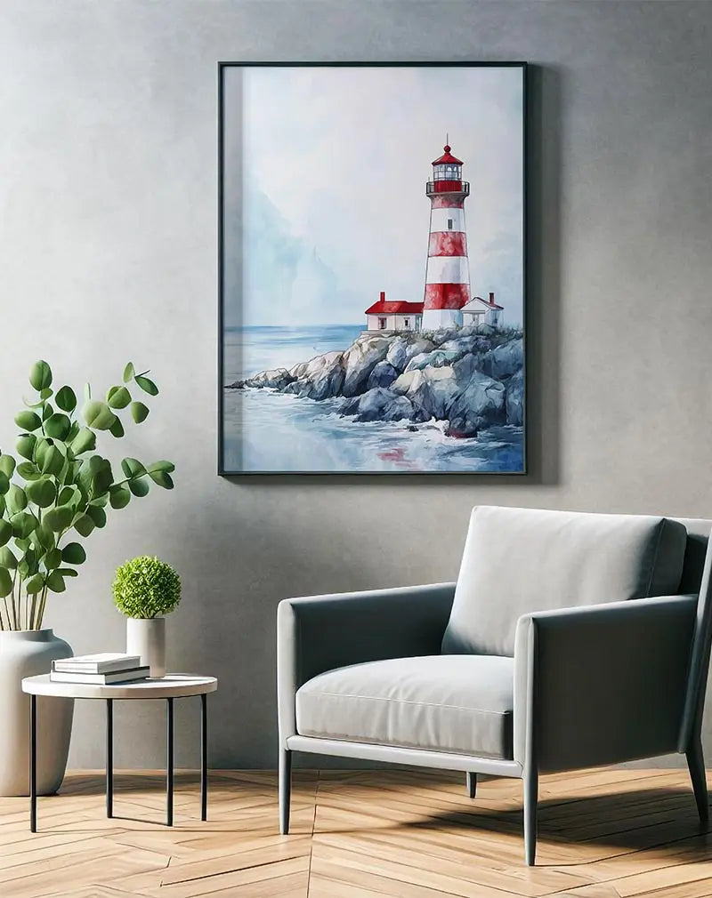 A serene illustration of a lighthouse by the ocean, with red and white stripes, perched on rocky shores. Perfect wall art for adding a nautical and peaceful vibe to any space